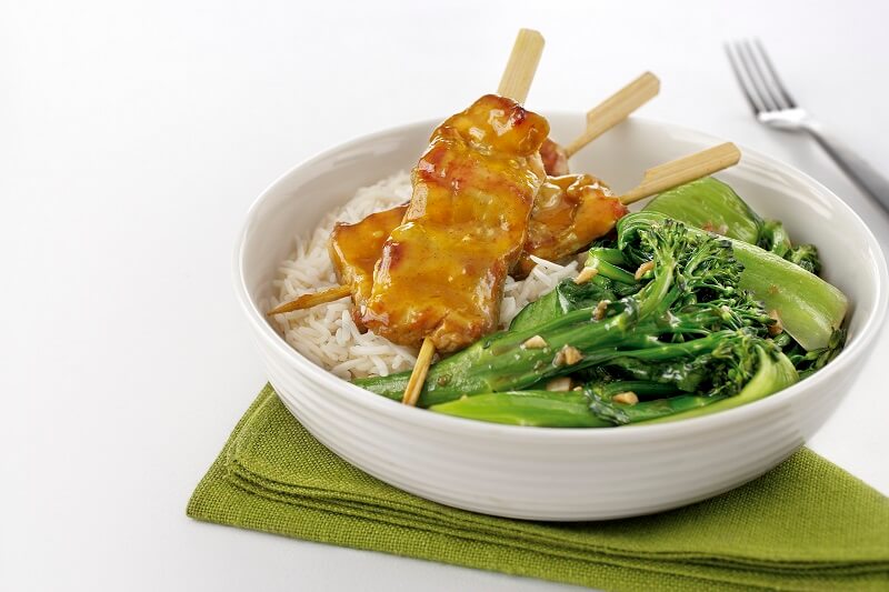 Pork Satay Skewers with Asian Greens